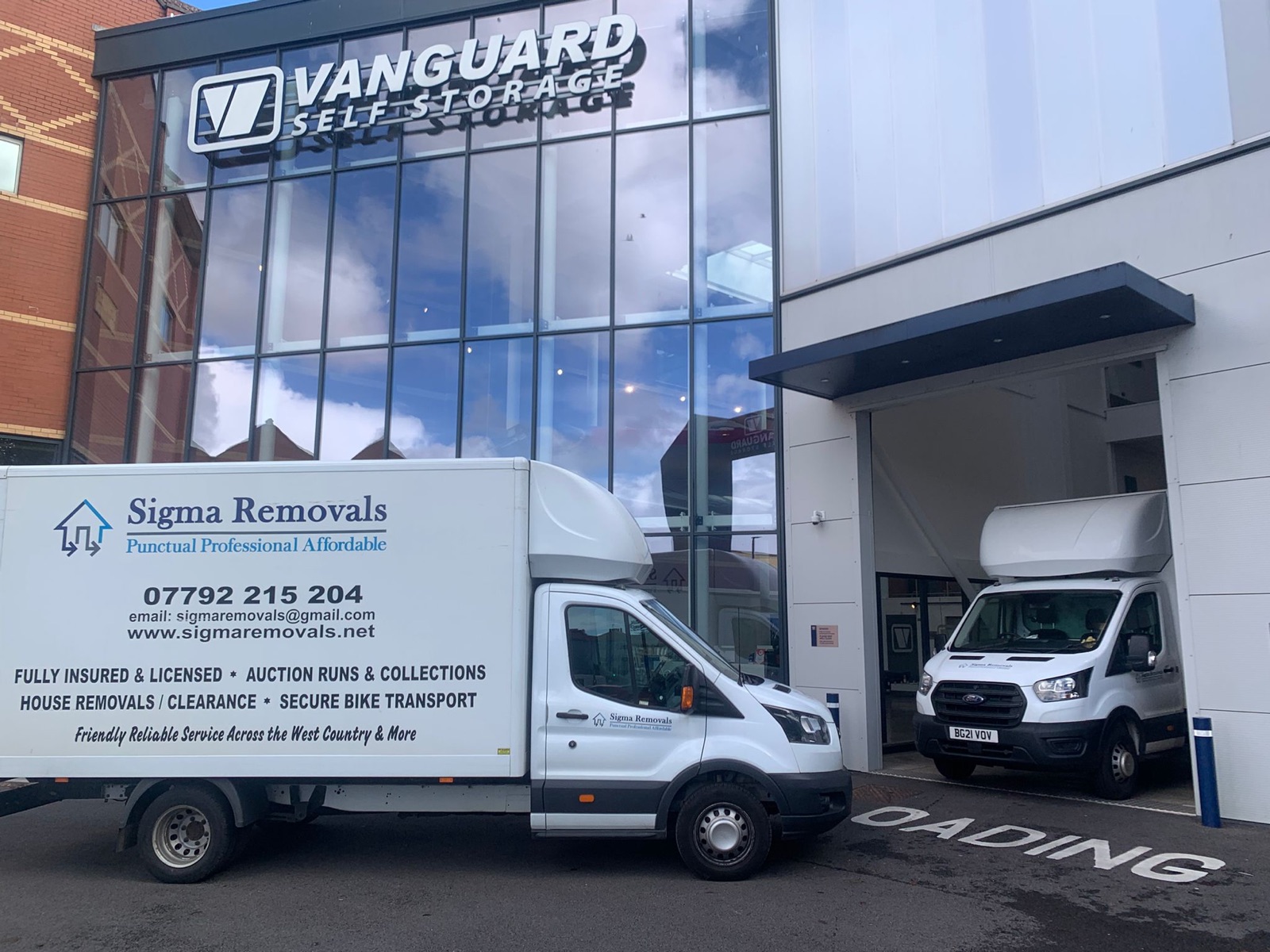 Sigma Removals vans parked at Vanguard Self Storage facility for secure storage services